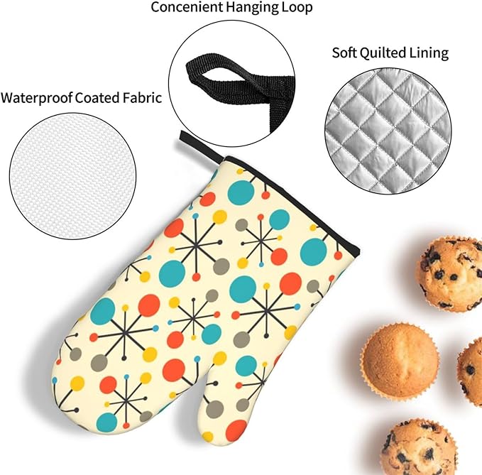 Mid Century Fifties Modern Atomic Retro Oven Mitts and Pot Holders Sets of 3, Yellow Kitchen Decor or Accessories, Heat Resistant Hot Pads Oven Gloves,Cooking Grilling Baking Gifts for Women
