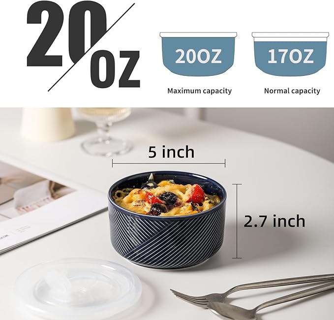 Ceramic Bowl with Lid: 20 oz Microwave Safe Food Storage Container for Soup, Salad, Cereal, Leftovers, Meal Prep, Lunch, Picnic, Camping, Serving - Airtight, Navy, 1 PCS