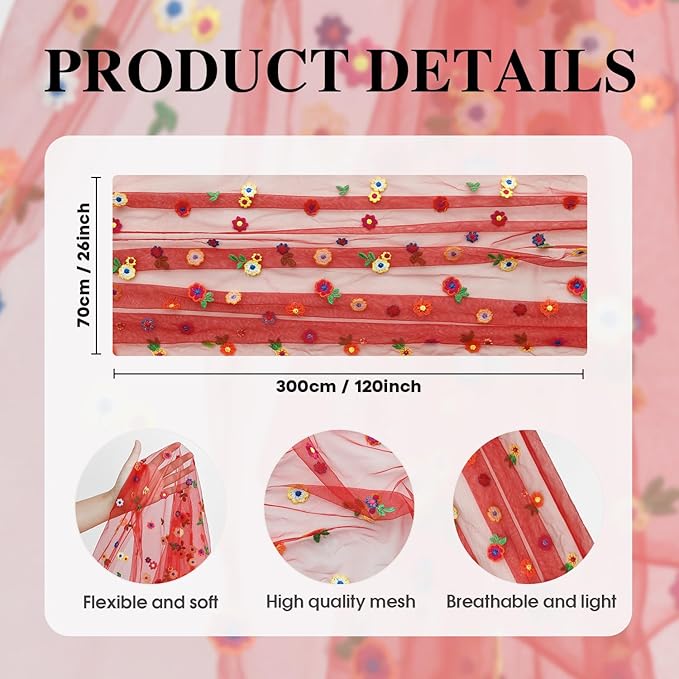 Artoid Mode 3PCS Red Embroidery Daisy Gauze Table Runner 120 Inch 10FT, Seasonal Sheer Dining Holiday Wedding Birthday Table Decor for Home Party