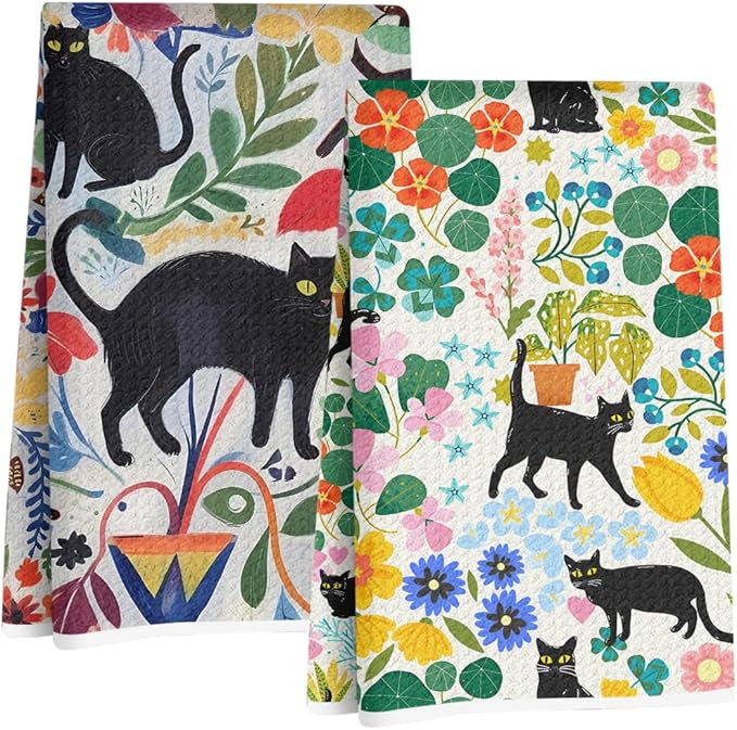 2Pcs Cat Kitchen Towels, Cats Floral Absorbent Tea Towel Decorative Dish Hand Towels Cat Lover Gifts for Cleaning Drying Cats Owners Women Mom Housewarming Gifts 14 x 24 Inch Kitchen Home Decor-2