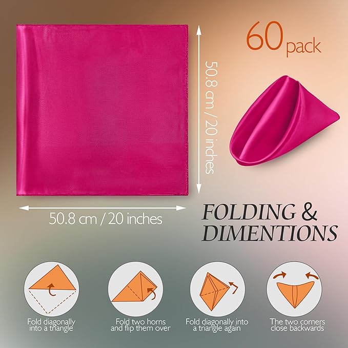 Manyshofu 60 Pieces Hot Pink Satin Napkins - 20x20 Inches Cloth Napkins, Square Satin Fabric Napkin Set - Soft & Reusable Table Napkin for Wedding Dinner Party Lunch