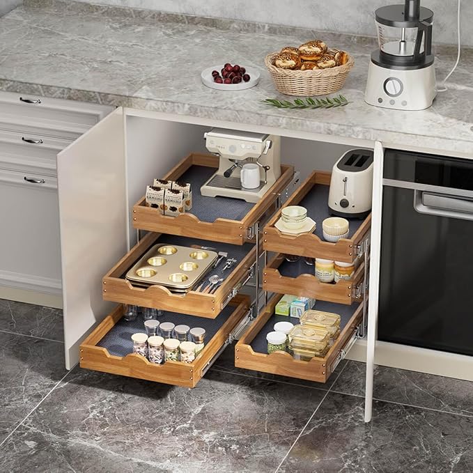 OCG Pull Out Cabinet Drawer 17" W x 21" D, 3 Tier Pull Out Cabinet Organizer, Heavy-Duty Slide Out Drawer for Cabinets, Organization for Kitchen, Pantry, Bathroom