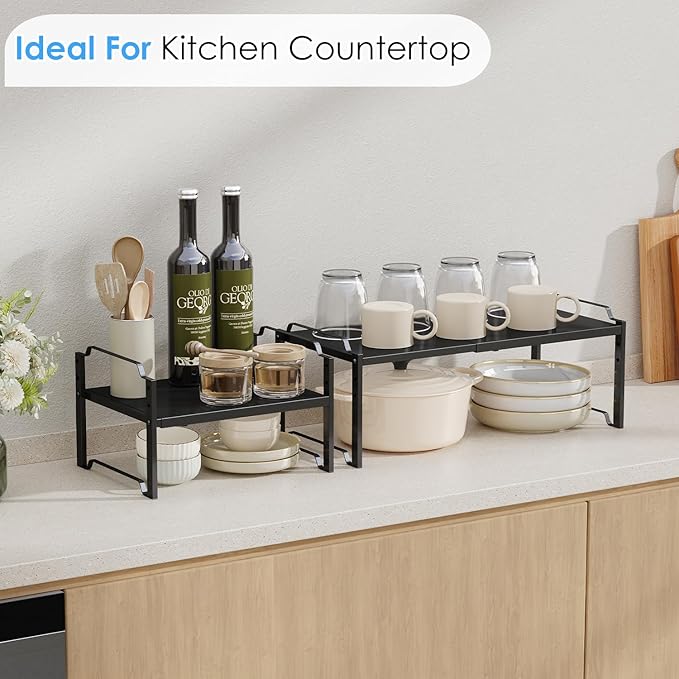2 Pack 11” Width Expandable Kitchen Cabinet Organizer Shelves, Metal Kitchen Countertop Organizers and Storage Shelving, Heavy Duty Stackable Storage Rack Shelf For Pantry Cupboard Counter Tabletop
