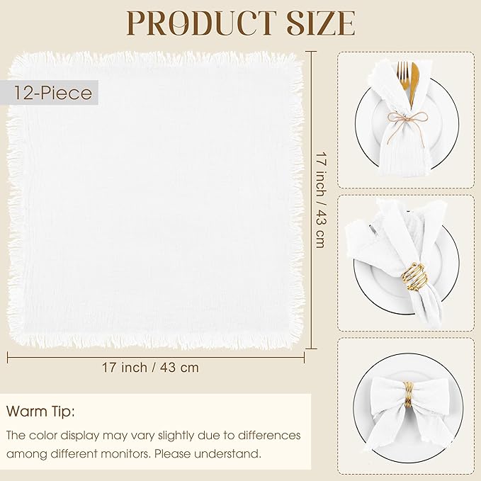 TURSTIN 12 Pieces Cotton Linen Cloth Napkin Handmade Cloth Napkin with Fringe 17 x 17 Inch Soft Cloth Dinner Wedding Napkin Square Rustic Fringe Table Napkin for Parties, Weddings, Ivory White