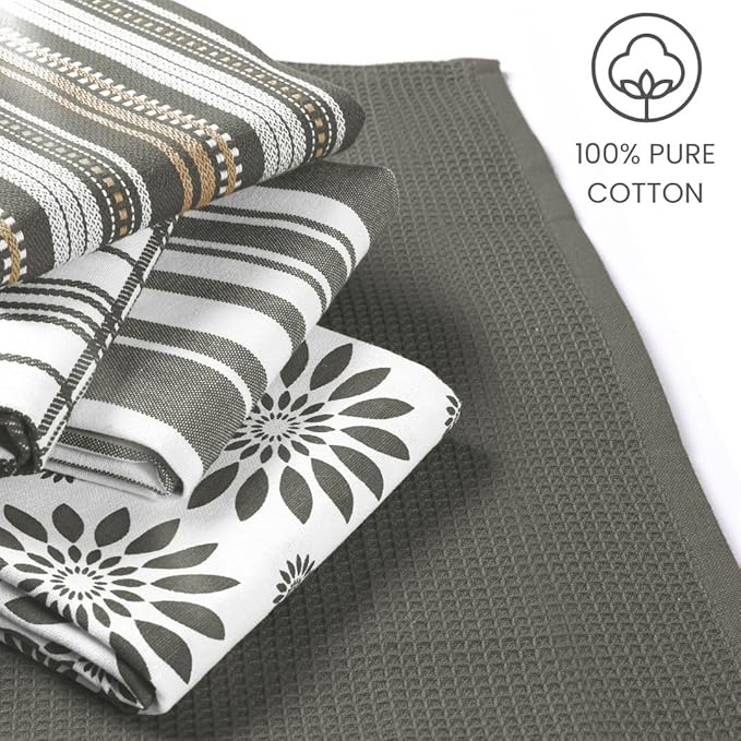 Assorted Kitchen Towels Large 16x26 inches 100% Cotton Set of 5 - Soft Absorbent Tea Towel for Kitchen - Quick Drying Dish Towels - Dish Cloths with Hanging Loop - Grey