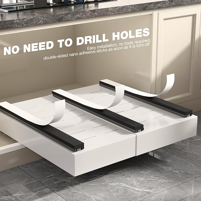 Seinloes 1 Pack Pull Out Cabinet Organizer 22" Deep,Full Extension 3 Slide Rails Slide Out Drawers With Raising Pad for Framed Cabinets,Expandable Width (12.3"-20.5"),No Drill Roll Out shelf,White
