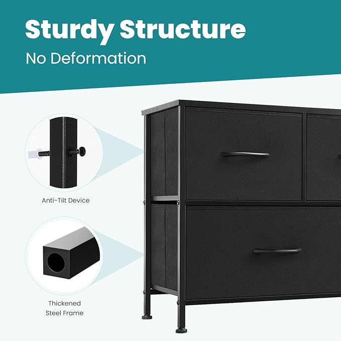 OLIXIS 5 Drawers Dresser for Bedroom, Fabric Storage Tower for Living Room, Entryway, Sturdy Steel Frame, Wooden Top & Easy Pull Fabric Bins