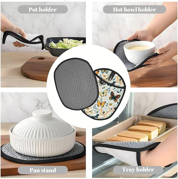 Butterfly Silicone Pot Holders Set of 2, Heat Resistant up to 500°F, Non-Slip Kitchen Hot Pads with Pocket and Soft Quilted Cotton Lining for Baking, Cooking and Hot Pots