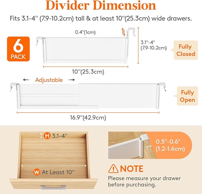 Lifewit 3.1" High 6 Pack Hanging Kitchen Drawer Dividers, 26-42cm/10-17 Adjustable Drawer Organizers for Utensils, Expandable Dresser Separators in Kitchen/Bedroom/Bathroom/Vanity/Office White