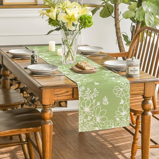 Artoid Mode Green Bloom Flowers Butterfly Spring Table Runner, Seasonal Holiday Kitchen Dining Table Decoration for Home Party Indoor 13x72 Inch
