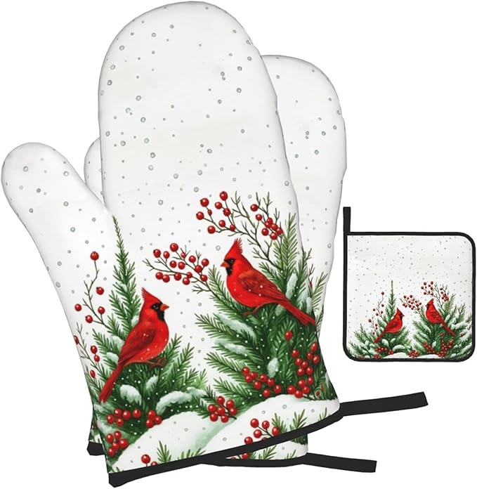 Red Cardinal Christmas Pot Holders and Oven Mitts Set, Christmas Holiday Oven Gloves Hot Pads for Baking Cooking Grilling BBQ, Cardinal Holiday Decor & Gifts for Women Baker Chef ﻿