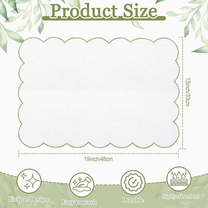 LemonRoad 8 Pcs Boho Linen Placemats Set 13" x 19" Elegant Scalloped Double Layered Placemats Farmhouse Washable Rustic Dining Table Decorations for Kitchen Wedding Banquet (White,Sage Green)