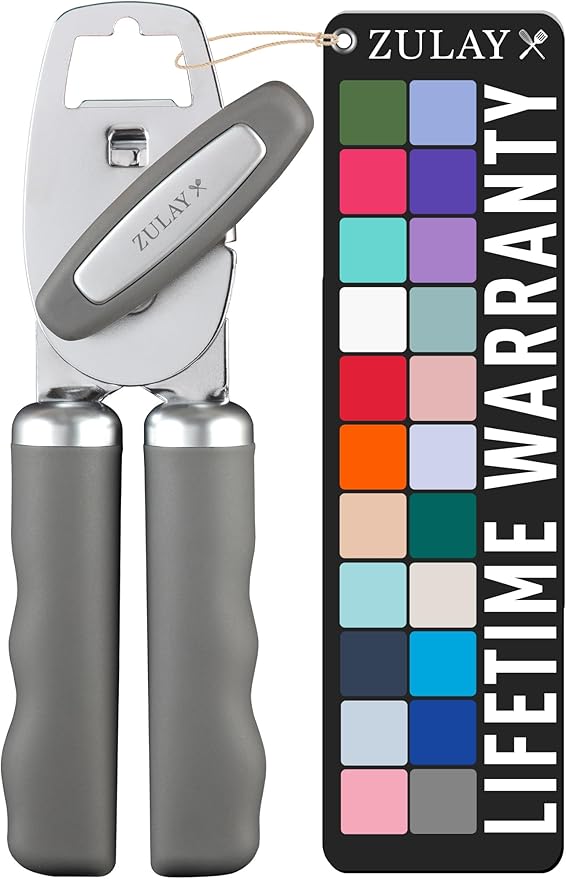 Zulay Kitchen Heavy Duty Stainless Steel Can Opener Manual with Bottle Opener - Rust Proof Manual Can Opener With Turn Knob & Comfy Soft Grip Handles - Light Gray
