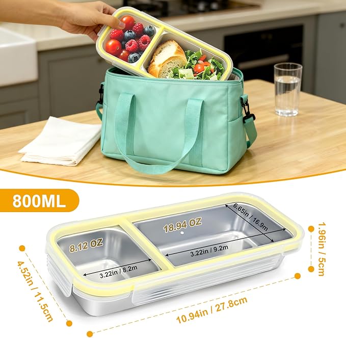 Stainless Steel Snack Containers with Lids,(2Pack) 2 Compartment Snackle Box Airtight Leakproof, Reusable Bento Box Food Storage Containers for Lunch Travel Picnics Office