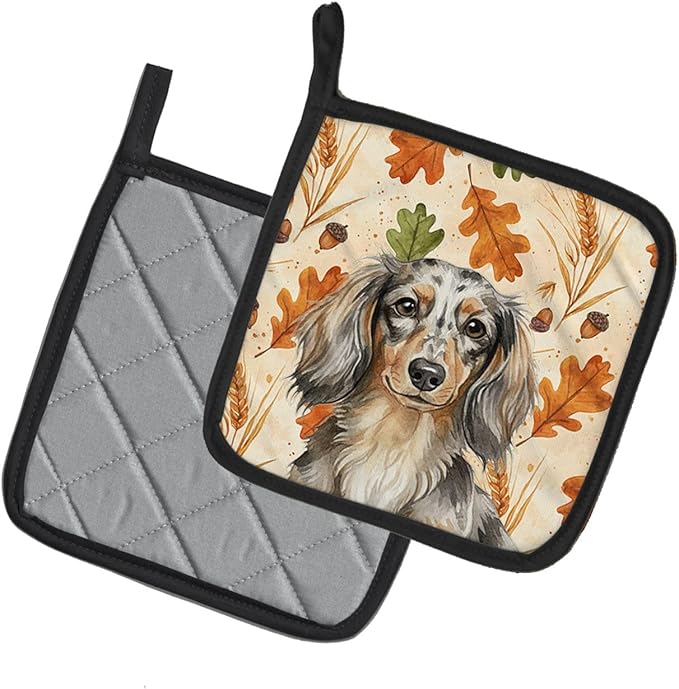 Caroline's Treasures Longhaired Dapple Dachshund Heirloom Fall Pair of Pot Holders Pair 7.5x7.5 Quilted Insulated Hot Pads Decorative Kitchen Gift Made in USA