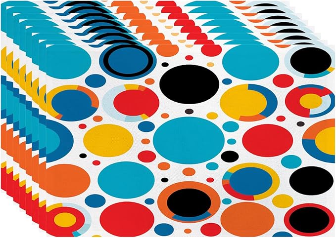 Batmerry Colorful Circles Placemats, Vibrant Circular Pattern Washable Linen Table Mats for Kitchen Table Double Insulation Decor Dining Set Indoor Outdoor 12X18 in Set of 8
