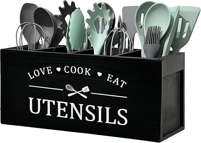 Extra Large Kitchen Utensils Holder with 4 Compartments, Wooden Storage Utensil Holder Organizer for Counter or Countertop, Farmhouse Decor, Rustic Cooking Utensil Kitchen Tool
