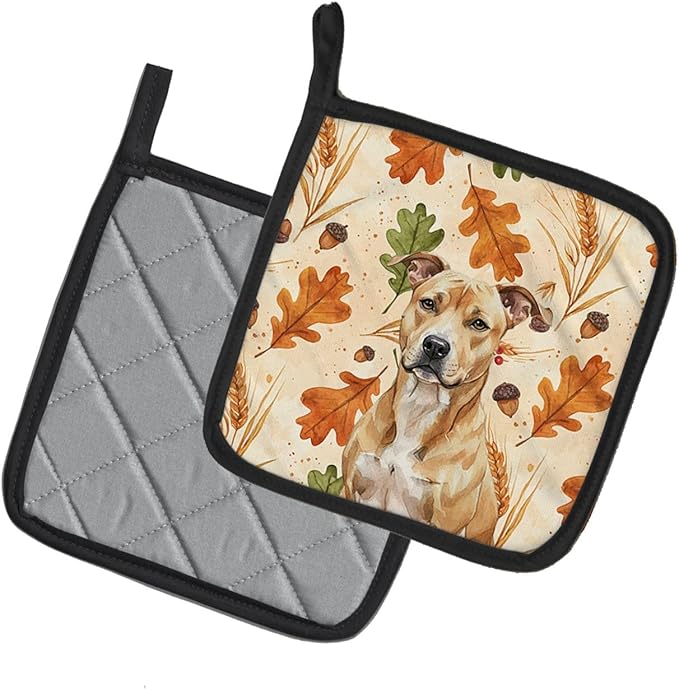 Caroline's Treasures Fawn American Staffordshire Terrier Heirloom Fall Pair of Pot Holders Pair 7.5x7.5 Quilted Insulated Hot Pads Decorative Kitchen Gift Made in USA