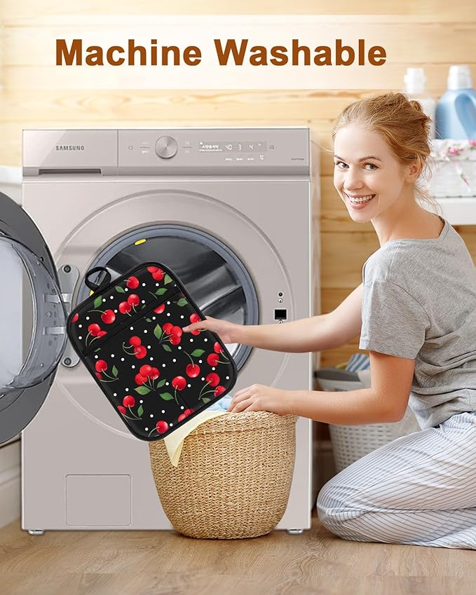 Swooflia 100% Cotton Pot Holders 2 Pack Set for Kitchen with Pockets - Cute 440°F Heat Resistant Oven Hot Pads Heavy Duty for Countertop Home Cooking Baking Microwave BBQ Cherry
