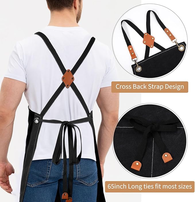 Work Apron for Men Women with 9 Pockets, Black Cross Back Chef Aprons 14oz Cotton Canvas, Tool Apron for Woodworkers Kitchen Cooking, Size M to XXL