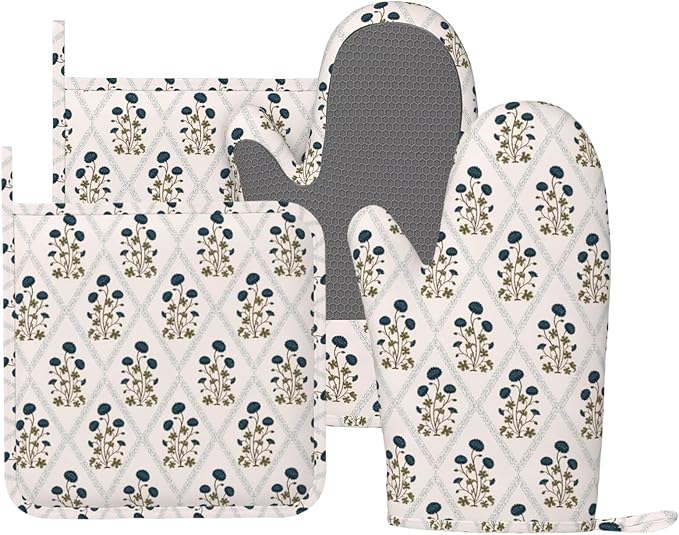 Vintage Floral Oven Mitts and Pot Holders 4 pcs Set Silicone Blue Green Flowers Kitchen Oven Mitt Gloves Boho Plants Pot Holders Non-Slip Heat Resistant Cooking Mitts Set for Baking Grilling