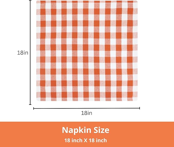 PurpleEssences Buffalo Plaid Cloth Napkins - Mitered Corners - Spring Easter Summer - Gingham Check Dinner Napkin - Set of 12-100% Cotton - 18x18 Inch - Reusable Washable - Orange and White