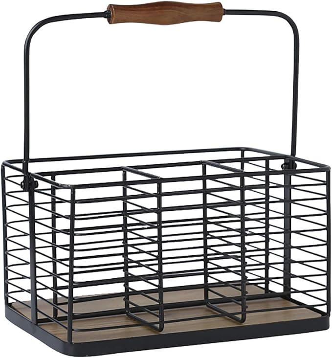VANRA Utensil Holder Kitchen Condiment Organizer Utensil Caddy Storage Basket Organizer Metal Flatware Caddy with Wood Handle, Black