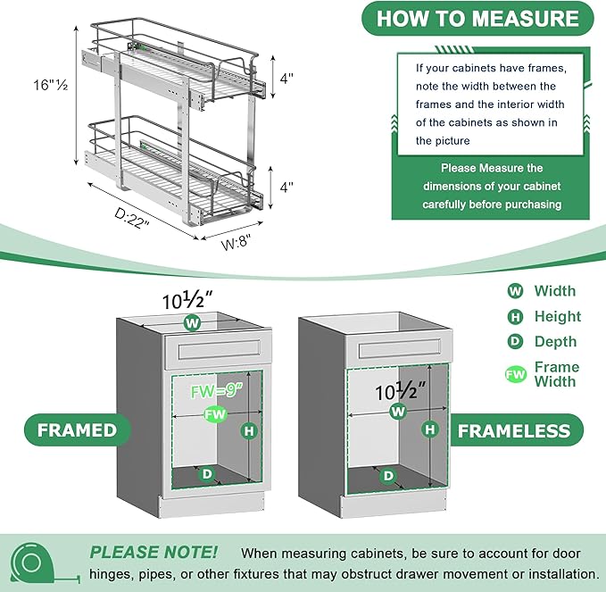 2-Tier Pull Out Cabinet Organizer (8" W x 22" D), Soft Close Cabinet Slide Out Shelves, Heavy Duty Slide Out Drawers with Shelf Liner for Kitchen Cabinets, Pantry Storage, Bathroom