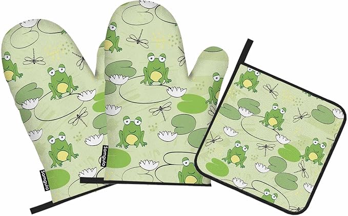 Frog Oven Mitts and Pot Holders Sets Dragonfly Lotus Leaf Summer Heat Resistant 3pcs for Cooking Baking BBQ