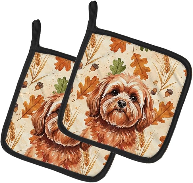 Caroline's Treasures Red Lhasa Apso Heirloom Fall Pair of Pot Holders Pair 7.5x7.5 Quilted Insulated Hot Pads Decorative Kitchen Gift Made in USA