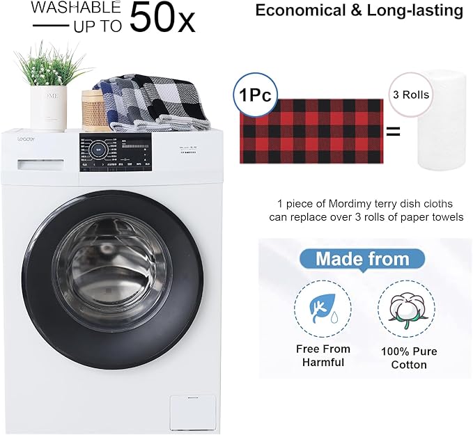 Mordimy 100% Cotton Waffle Weave Kitchen Towels, 13 x 28 Inches, Super Soft and Absorbent Buffalo Check Dish Towels for Drying Dishes, 12-Pack, Black & Red