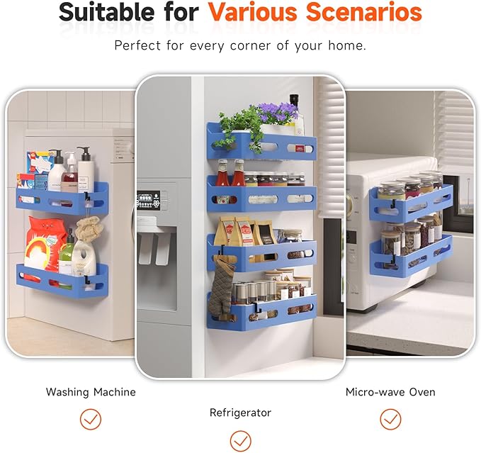 Sevenblue 4 Pack Strong Magnetic Spice Rack for Refrigerator, Multipurpose Magnetic Shelf for Fridge with 4 Hooks for kitchen and Bathroom Organization, Blue
