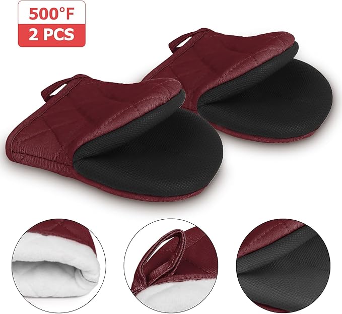 Short Oven Mitts, Heat Resistant 500°F, Silicone Grip Kitchen Gloves, Non-Slip for Baking, Grilling, BBQ, Machine Washable with Hanging Loop, 2-Pack Set, Dark Red