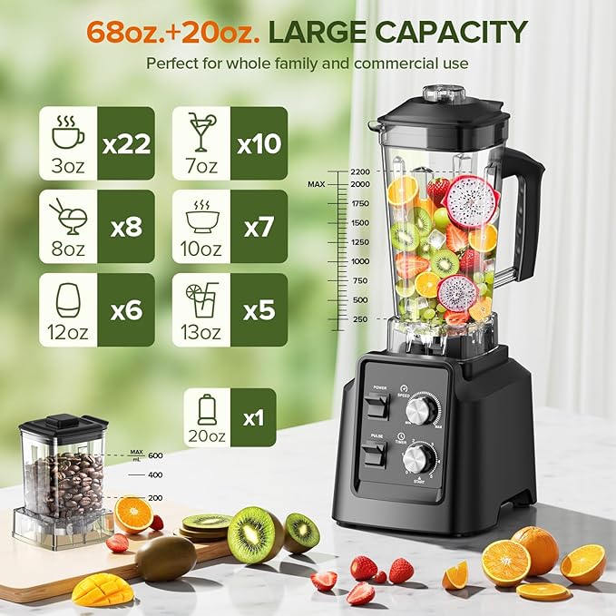 Blender, 1800W Blender with Grinder - 6-Blade Professional Smoothie Blenders for Kitchen, Crushes Ice, Self-Cleaning, 68oz & 20oz Jars Dishwasher Safe, for Baby Food, Nut Butter