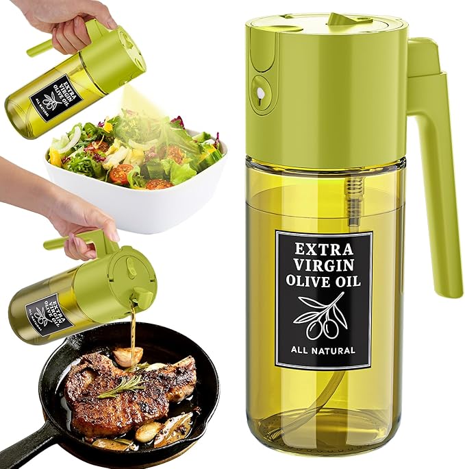 Oil Sprayer 16oz/500ml, 2 in 1 Spray and Pour Oil Bottle, Olive Oil Spray Bottle for Cooking, Kitchen Oil Sprayer for Air Fryer Salad Grilling Baking, Even Spray Oil Control（Green）