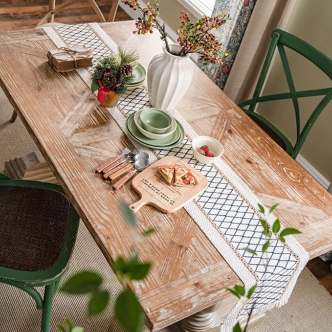 Table Runner, Boho Table Runner Cotton Linen Table Decorations, Farmhouse Table Runners with Tassels for Bohemian Wedding Bridal Shower Rustic Home Dining Table (Black/Grid/12x90)