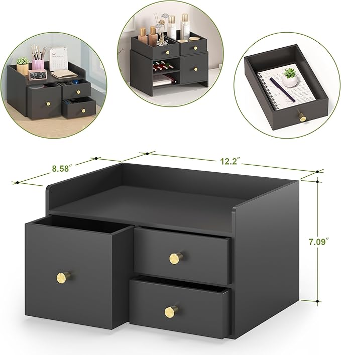 Bamboo Desk Organizer with Drawers Wooden Desktop Storage Drawers for Bills Office Supplies Kitchen Utensils Organizing Tool for Home Classroom Organization No Assembly (Black, 3 Drawer)