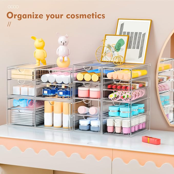 ARSTPEOE 30 Drawers, Acrylic Desk Makeup Organizer, Plastic Drawers Organizer, Stackable Storage Solution for Makeup, Dresser, Office, Bathroom Clear Plastic Craft and Bead Storage Cabinet