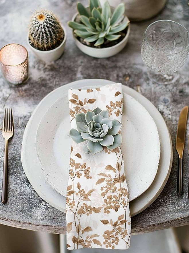 Brown Flower Cloth Napkins Set of 6 - Washable Dinner Napkins Reusable Table Napkins for Home Party Weeding Dining Table Setting Decoration,Oversized Spring Summer Retro Garden Herb Pastel Plant
