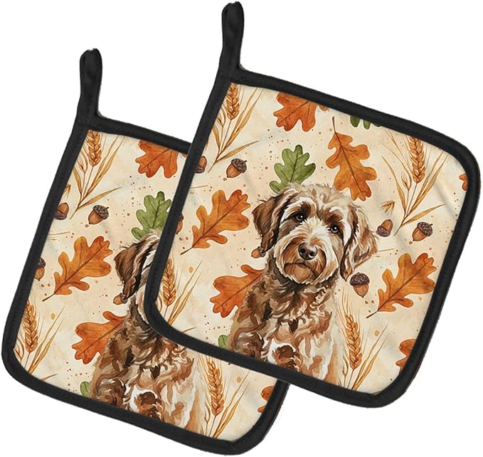 Caroline's Treasures Chocolate Labradoodle Heirloom Fall Pair of Pot Holders Pair 7.5x7.5 Quilted Insulated Hot Pads Decorative Kitchen Gift Made in USA