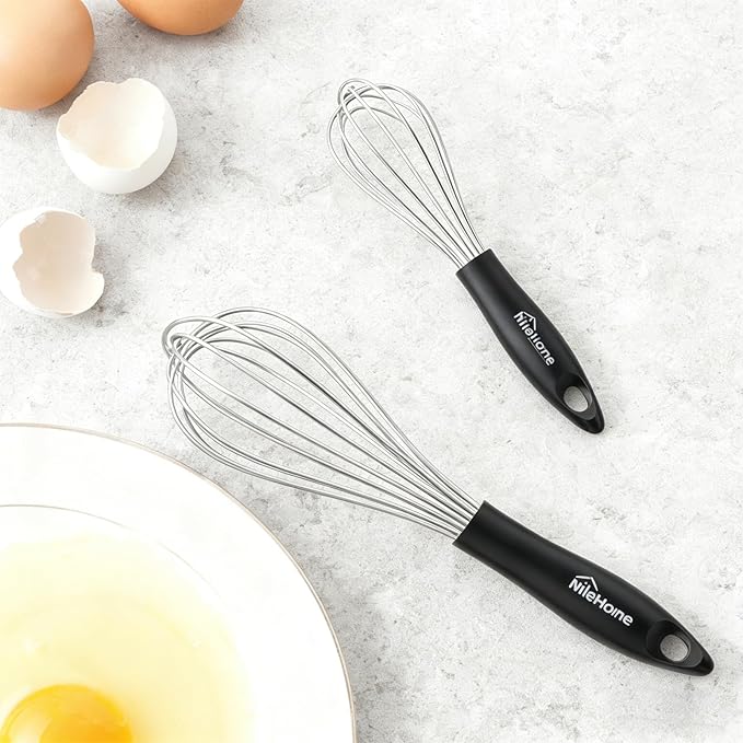 NileHome Silicone Whisk Set 8" 10" Kitchen Whisk Kitchen Wisk Wire Whisks for Cooking, Whisking, Blending, Beating, Stirring-Black Silver