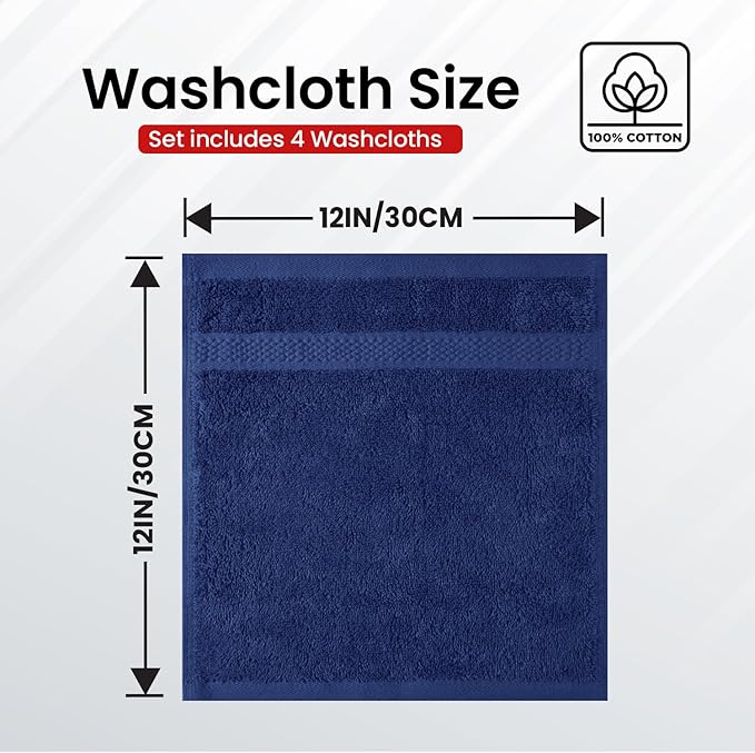 Infinitee Xclusives Luxury Wash Cloths for Showering [13x13] – 100% Cotton Washcloths [Pack of 4], Soft and Absorbent Face Towels for Bathroom Wash Clothes, Gym, and Spa (Tranquil Navy)