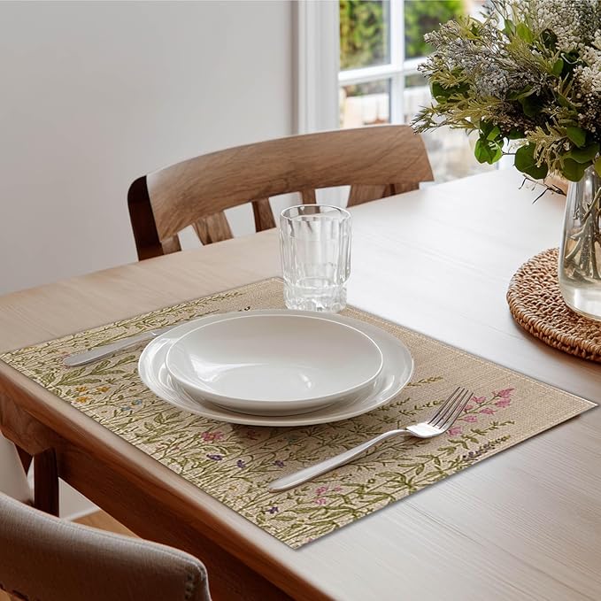 HOMETITUTE Wildflower Placemats Set of 4 Linen 12x18 Inch Washable Table Mats with Botanical Floral Design Decorative Table Placemats Set of 4 for Farmhouse Kitchen Dining Spring Summer Decor