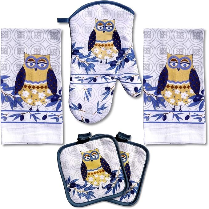 Lobyn Value Packs: Whimsical Blue Owl 5 Piece Kitchen Towel Set with 2 Decorative Dish Towels (25 X15), 1 Oven Mitt (11 X 7) and 2 Potholders (6.5 X 6.5)