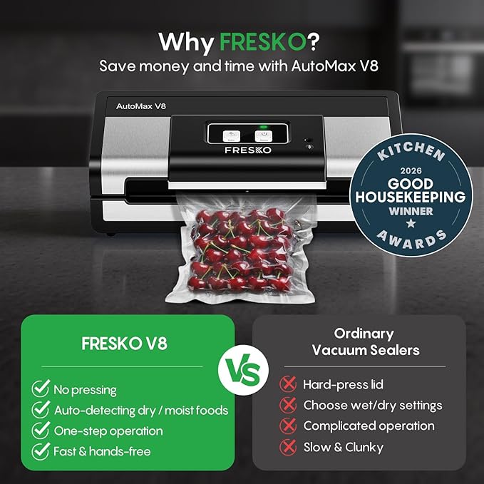 FRESKO Automatic Vacuum Sealer for Food, Hands-Free Operation, Seal 50 Bags in 20 min – Ideal for Meal Prep & Bulk Food Storage, Powerful Suction, Built-in Cutter & 2 Roll Bags