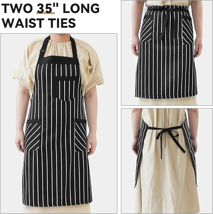 NLUS 2 Pack Cooking Aprons for Women with Pockets Adjustable Kitchen Bib Aprons for Women Men Chef, Black/White Stripe (Black/White Stripes)