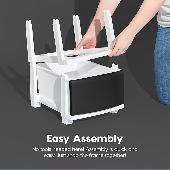 IRIS USA Plastic Drawer Storage Organizer, 4-Drawers, for Classroom Art Supplies Bathroom Dorm Bedroom Laundry Room, Slim Narrow, White Frame with Matte Black Front Panels