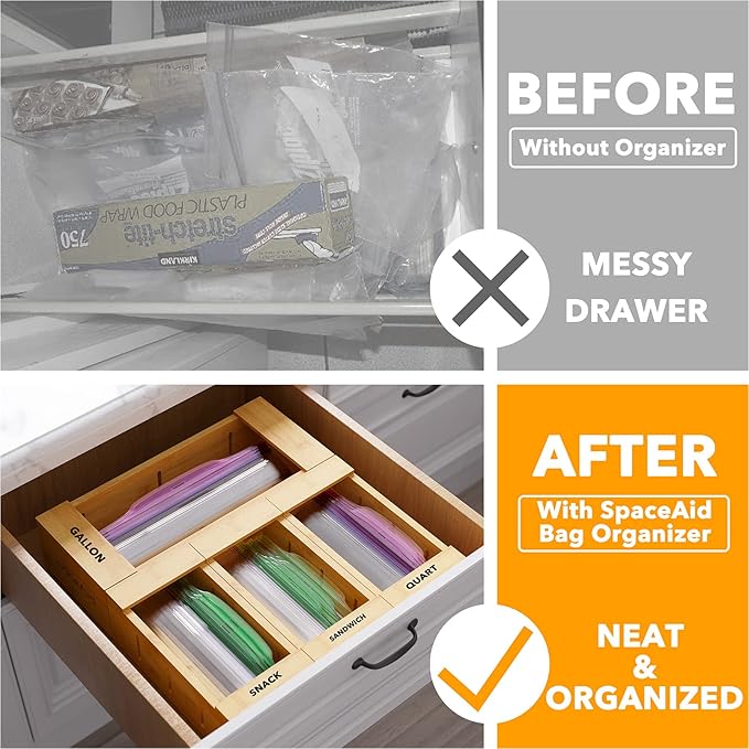 SpaceAid Bag Storage Organizer for Kitchen Drawer, Bamboo Organizer, Compatible with Gallon, Quart, Sandwich and Snack Variety Size Bag (4 Pack)