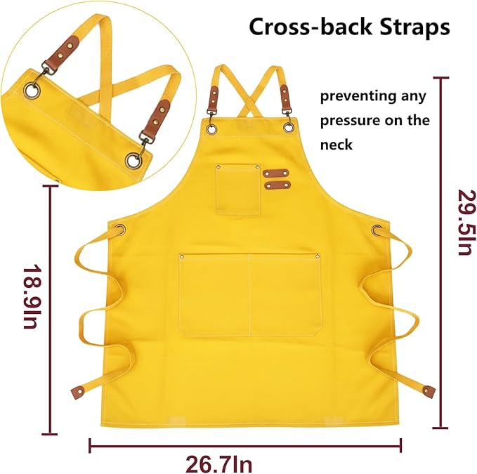 Chef Apron with Large Pockets for Women Men, Cotton Canvas Cross Back Water Repellent Adjustable Work Apron