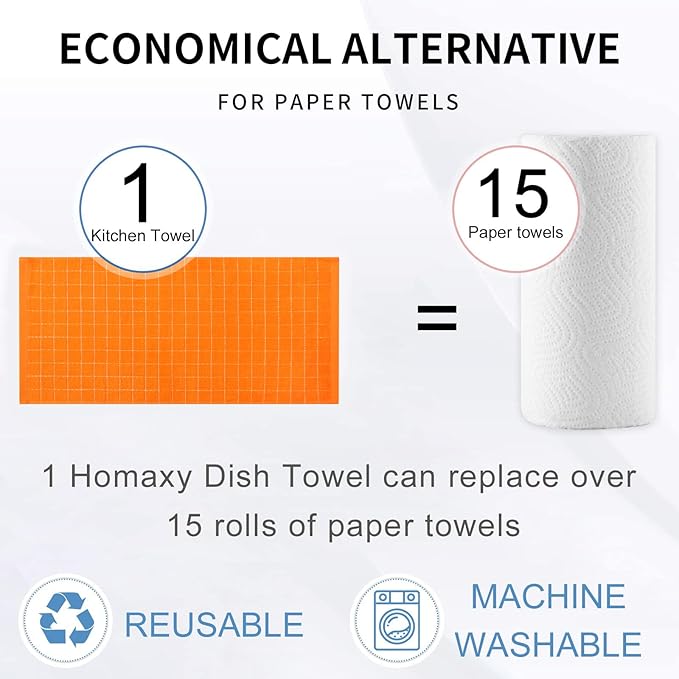 Homaxy 100% Cotton Terry Kitchen Towels(Orange, 13 x 28 inches), Checkered Designed, Soft and Super Absorbent Dish Towels, 8 Pack